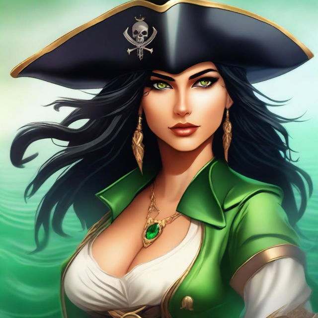 An image featuring a pirate woman with black hair and green eyes, rendered in high-quality digital art