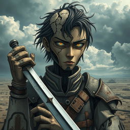 A mechanical doll man depicted in an anime style, showcasing a weathered male swordsman with a mechanical face that appears to be breaking down