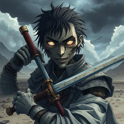 A mechanical doll man depicted in an anime style, showcasing a weathered male swordsman with a mechanical face that appears to be breaking down
