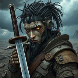 A mechanical doll man depicted in an anime style, showcasing a weathered male swordsman with a mechanical face that appears to be breaking down