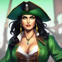 An image featuring a pirate woman with black hair and green eyes, rendered in high-quality digital art