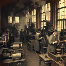 An antique industrial factory scene during the Second Industrial Revolution, showcasing a historical atmosphere with vintage machinery and workers dressed in period-appropriate, worn clothing