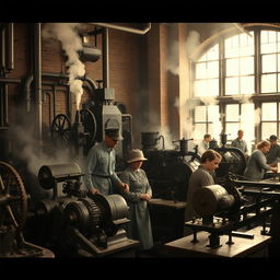 An antique industrial factory scene during the Second Industrial Revolution, showcasing a historical atmosphere with vintage machinery and workers dressed in period-appropriate, worn clothing