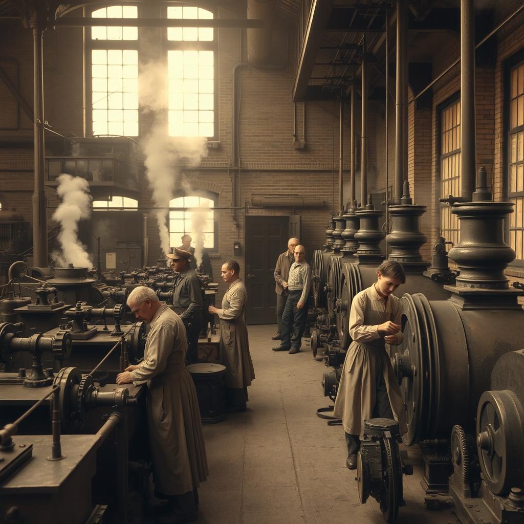 An antique industrial factory scene during the Second Industrial Revolution, showcasing a historical atmosphere with vintage machinery and workers dressed in period-appropriate, worn clothing