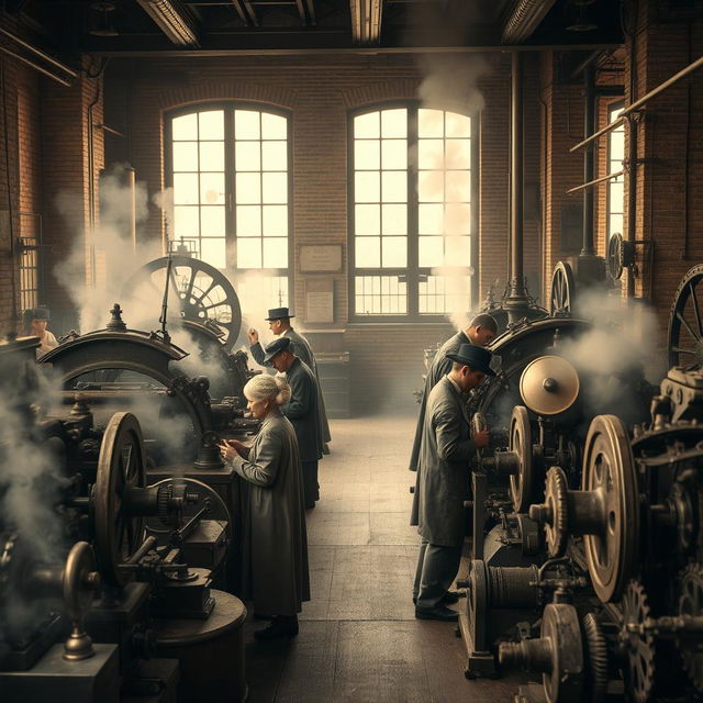 An antique industrial factory scene during the Second Industrial Revolution, showcasing a historical atmosphere with vintage machinery and workers dressed in period-appropriate, worn clothing