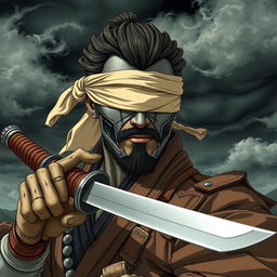 A mechanical doll man portrayed in an anime style, featuring a weathered male swordsman with a mechanical face, blindfolded to enhance the air of mystery