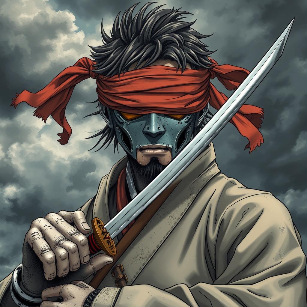 A mechanical doll man portrayed in an anime style, featuring a weathered male swordsman with a mechanical face, blindfolded to enhance the air of mystery