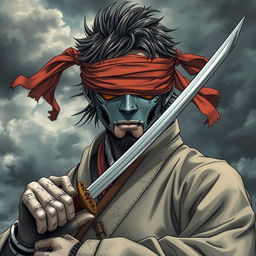 A mechanical doll man portrayed in an anime style, featuring a weathered male swordsman with a mechanical face, blindfolded to enhance the air of mystery