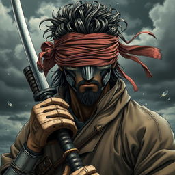 A mechanical doll man portrayed in an anime style, featuring a weathered male swordsman with a mechanical face, blindfolded to enhance the air of mystery