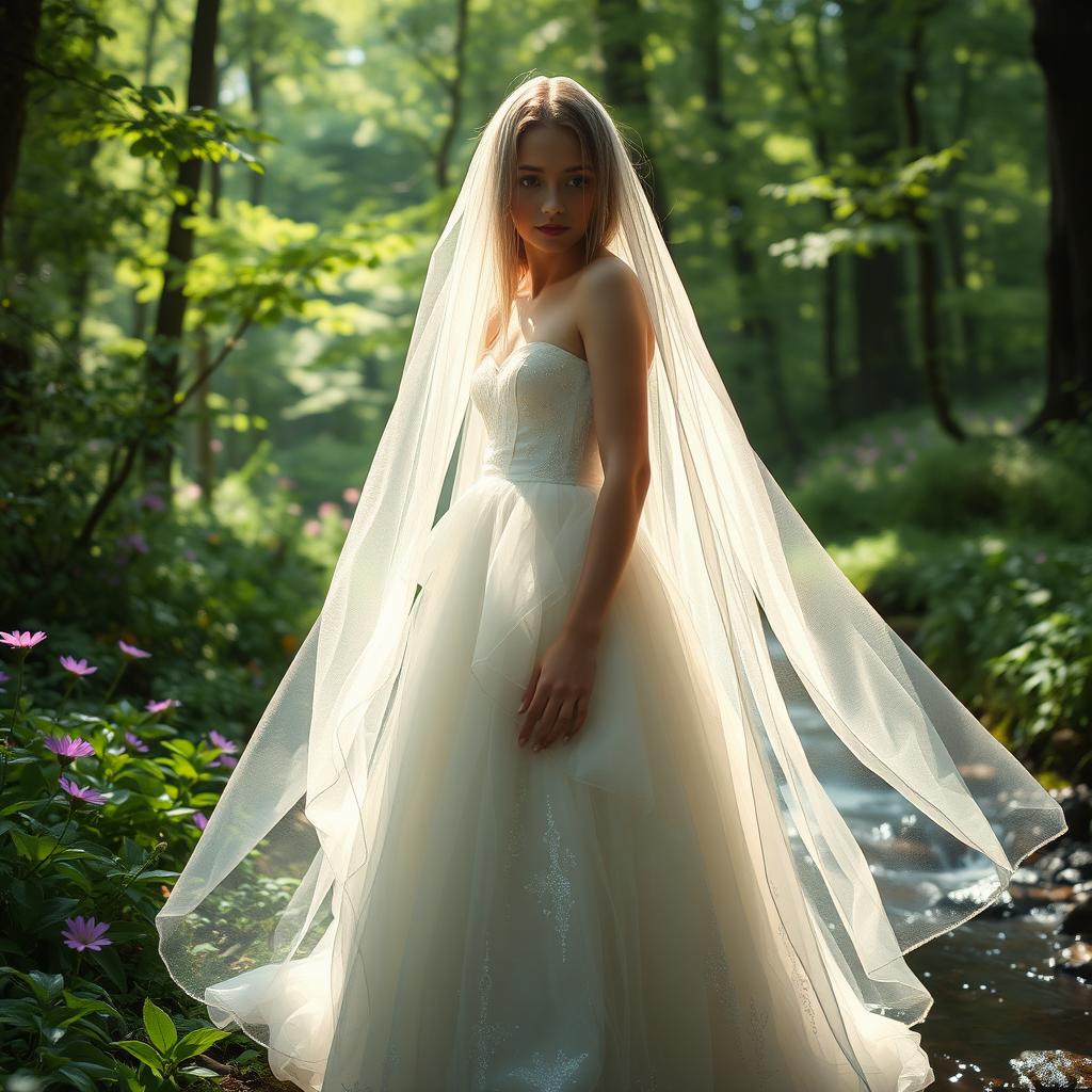 A mysterious girl standing in an enchanting forest, her face partially hidden behind a flowing, transparent veil