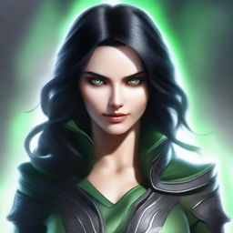 An image of a rogue woman with black hair and green eyes, masterfully created using high-quality digital art