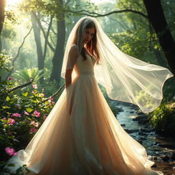 A mysterious girl standing in an enchanting forest, her face partially hidden behind a flowing, transparent veil