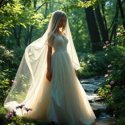 A mysterious girl standing in an enchanting forest, her face partially hidden behind a flowing, transparent veil