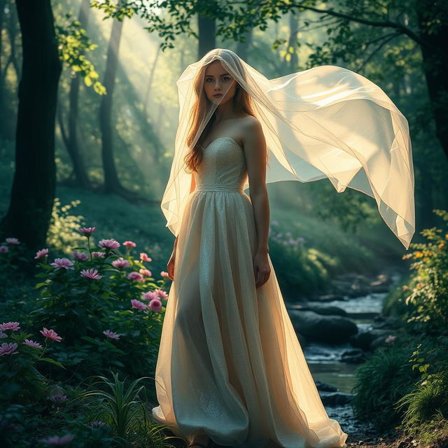 A mysterious girl standing in an enchanting forest, her face partially hidden behind a flowing, transparent veil