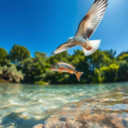 A graceful kite swooping down towards crystal-clear water, catching a shimmering fish mid-air