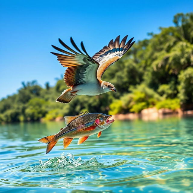 A graceful kite swooping down towards crystal-clear water, catching a shimmering fish mid-air