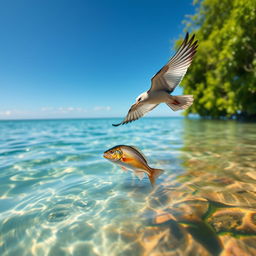 A graceful kite swooping down towards crystal-clear water, catching a shimmering fish mid-air