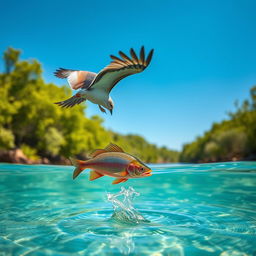 A graceful kite swooping down towards crystal-clear water, catching a shimmering fish mid-air