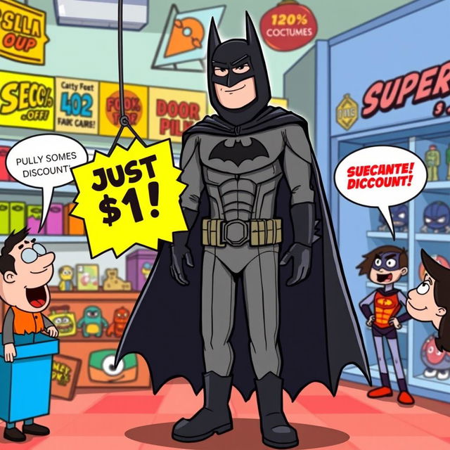 A whimsical and humorous scene of a Batman costume on display at a silly discount price of just one dollar