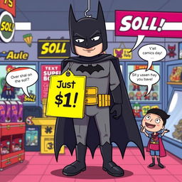 A whimsical and humorous scene of a Batman costume on display at a silly discount price of just one dollar