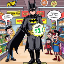 A whimsical and humorous scene of a Batman costume on display at a silly discount price of just one dollar