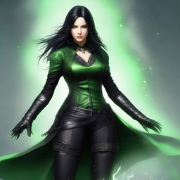 An image of a rogue woman with black hair and green eyes, masterfully created using high-quality digital art