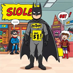 A whimsical and humorous scene of a Batman costume on display at a silly discount price of just one dollar