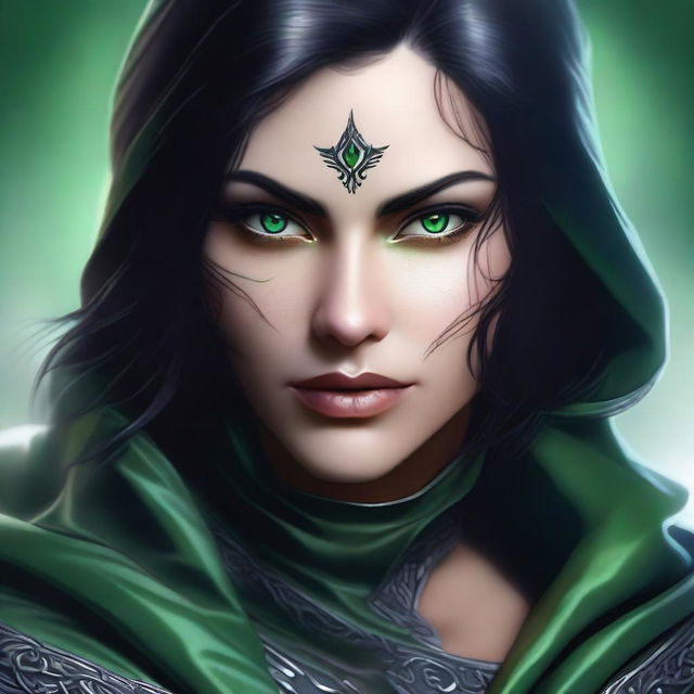 An image of a rogue woman with black hair and green eyes, masterfully created using high-quality digital art