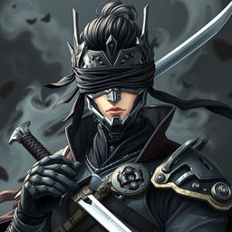 An anime-style depiction of a mechanical doll man featuring a male swordsman with a striking mechanical face, adorned with intricate details and sleek metallic textures