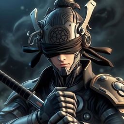 An anime-style depiction of a mechanical doll man featuring a male swordsman with a striking mechanical face, adorned with intricate details and sleek metallic textures