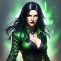 An image of a rogue woman with black hair and green eyes, masterfully created using high-quality digital art