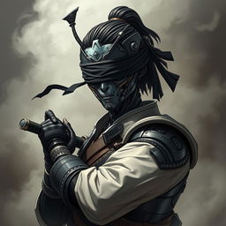 An anime-style depiction of a mechanical doll man featuring a male swordsman with a striking mechanical face, adorned with intricate details and sleek metallic textures
