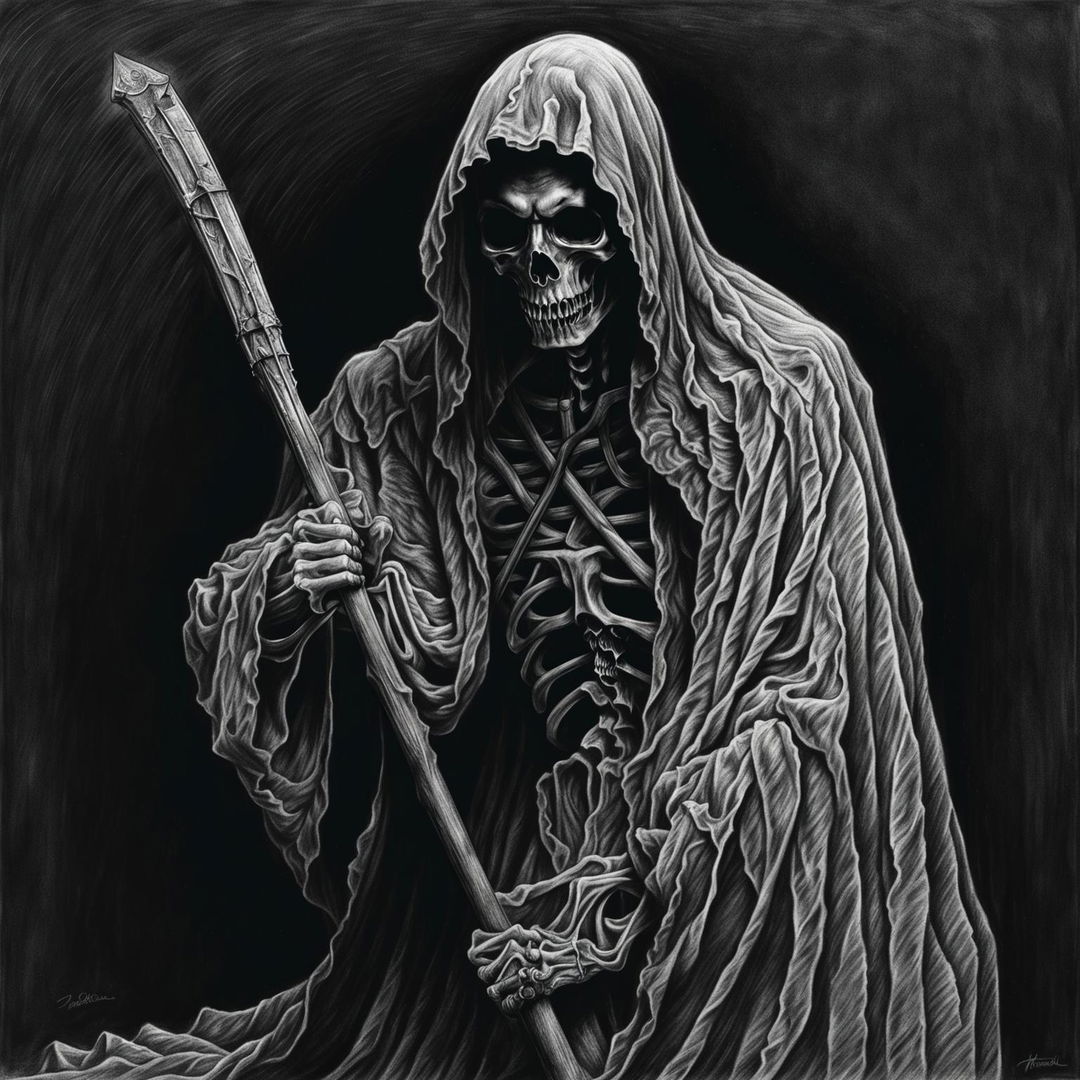 A highly-detailed, black and white graphite pencil drawing of the classic Grim Reaper