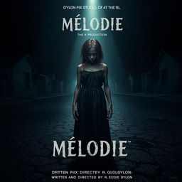 A haunting horror movie poster featuring an 18-year-old Malagasy girl with nappy hair standing in the center of a dark, rainy street at night