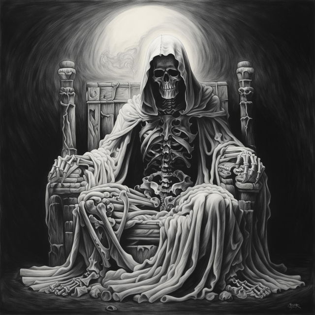 A detailed, black and white graphite pencil drawing of the Grim Reaper seated on a bone throne, with its scythe resting against the throne