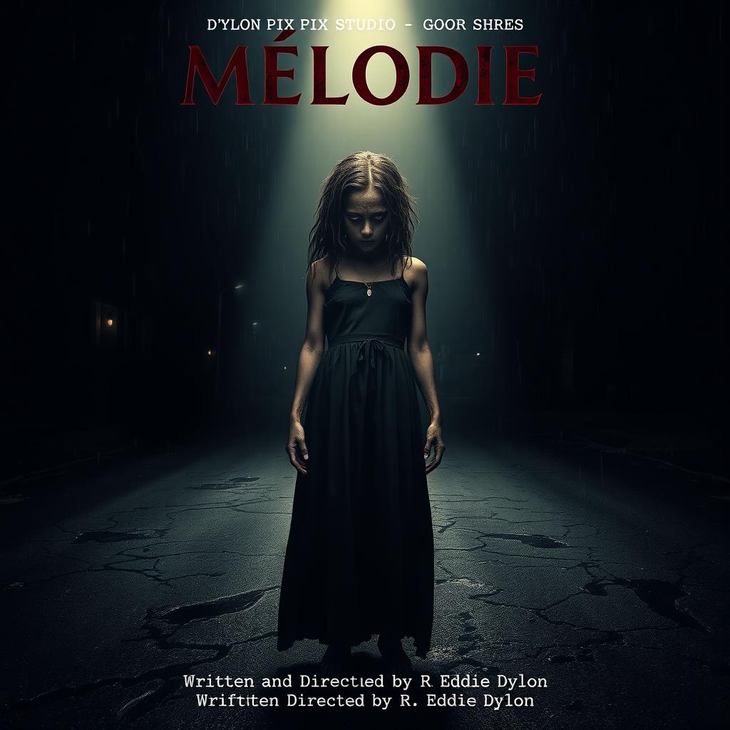 A haunting horror movie poster featuring an 18-year-old Malagasy girl with nappy hair standing in the center of a dark, rainy street at night