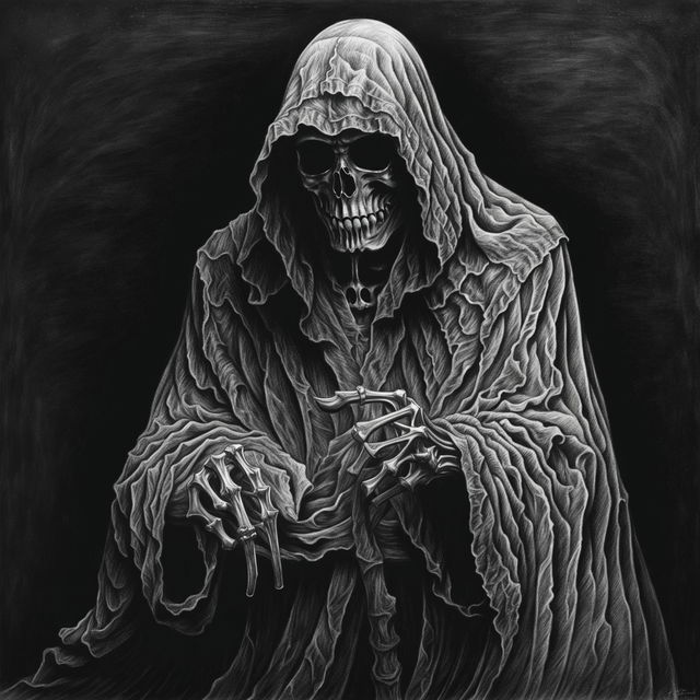 A black and white graphite pencil drawing of the Grim Reaper holding a scythe