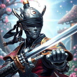 A fantasy-themed mechanical doll man depicted in an anime style, featuring a male swordsman with a striking mechanical face, adorned with intricate designs and metallic textures