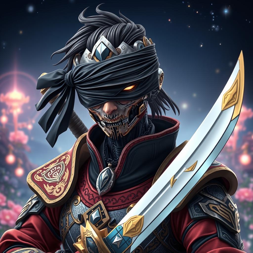 A fantasy-themed mechanical doll man depicted in an anime style, featuring a male swordsman with a striking mechanical face, adorned with intricate designs and metallic textures