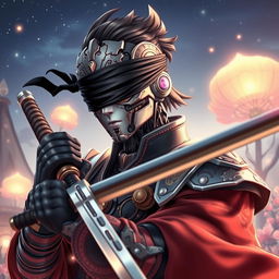 A fantasy-themed mechanical doll man depicted in an anime style, featuring a male swordsman with a striking mechanical face, adorned with intricate designs and metallic textures