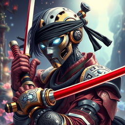 A fantasy-themed mechanical doll man depicted in an anime style, featuring a male swordsman with a striking mechanical face, adorned with intricate designs and metallic textures