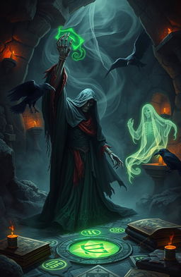 A dark fantasy scene depicting a mysterious necromancer in a dimly lit cavern, surrounded by glowing runes and ancient tomes