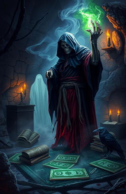 A dark fantasy scene depicting a mysterious necromancer in a dimly lit cavern, surrounded by glowing runes and ancient tomes