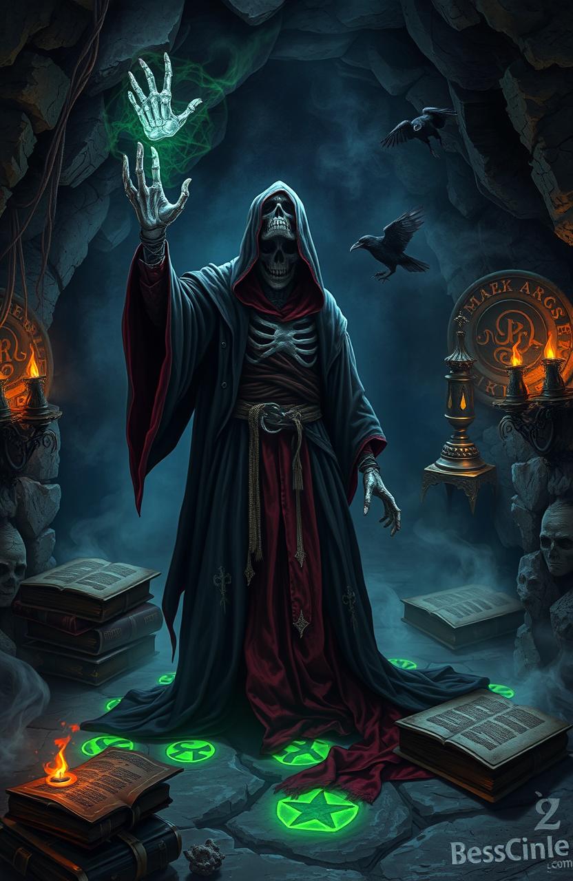 A dark fantasy scene depicting a mysterious necromancer in a dimly lit cavern, surrounded by glowing runes and ancient tomes