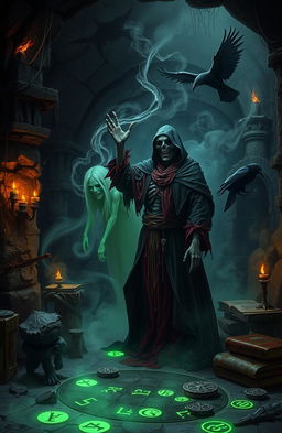 A dark fantasy scene depicting a mysterious necromancer in a dimly lit cavern, surrounded by glowing runes and ancient tomes