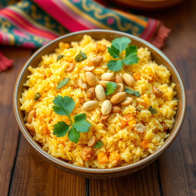 An enticing and vibrant bowl of Pulihora, a traditional South Indian rice dish