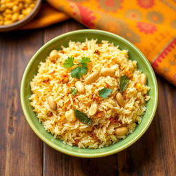 An enticing and vibrant bowl of Pulihora, a traditional South Indian rice dish