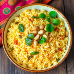 An enticing and vibrant bowl of Pulihora, a traditional South Indian rice dish