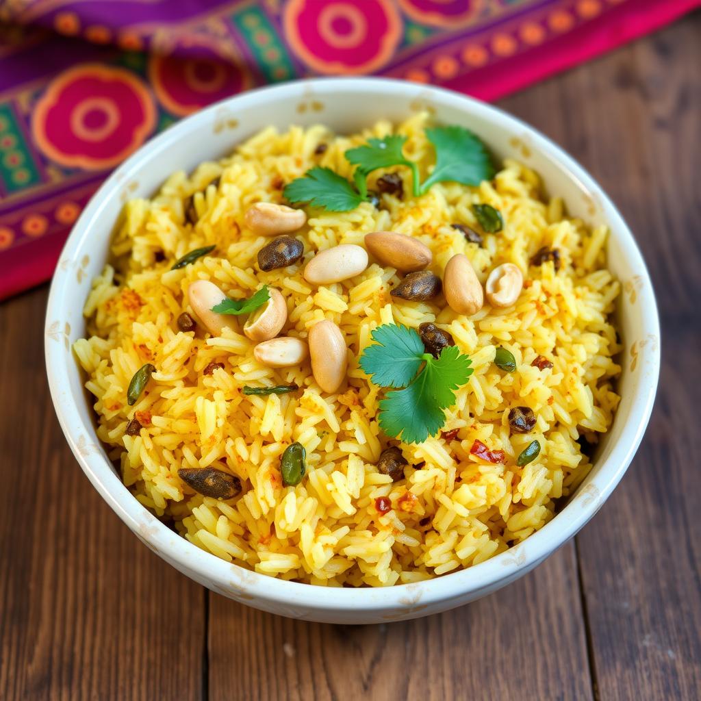 An enticing and vibrant bowl of Pulihora, a traditional South Indian rice dish