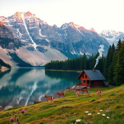 A serene mountain landscape at dawn, featuring majestic snow-capped peaks reflecting the soft pink and orange hues of the sunrise